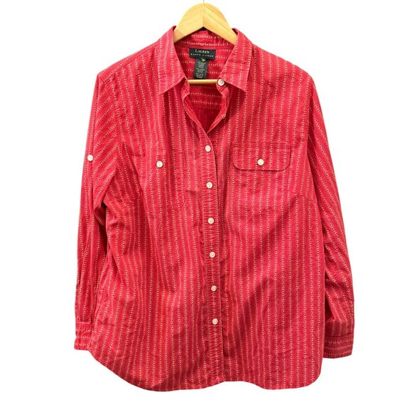 Lauren Ralph Lauren Red White Floral Striped Dot Button Up Cottagecore Prairie - Picture 1 of 7